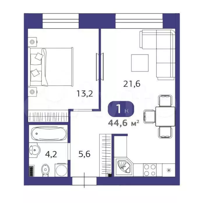 1-к. квартира, 44,6 м, 4/6 эт. - Фото 1