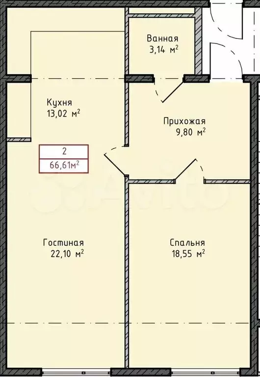 2-к. квартира, 66,6 м, 6/8 эт. - Фото 1