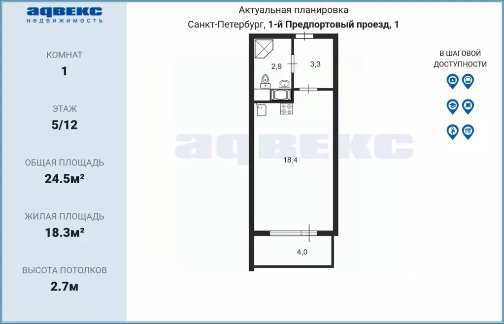 Студия Санкт-Петербург 1-й Предпортовый проезд, 1 (24.5 м) - Фото 2