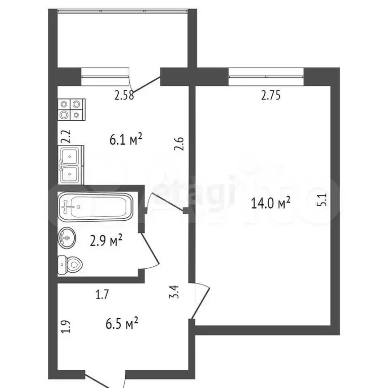 1-к. квартира, 29,5 м, 4/5 эт. - Фото 1