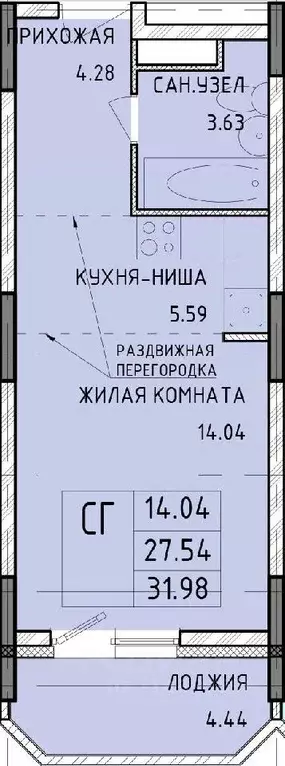 Студия Тульская область, Тула Юго-Восточный мкр,  (31.98 м) - Фото 0