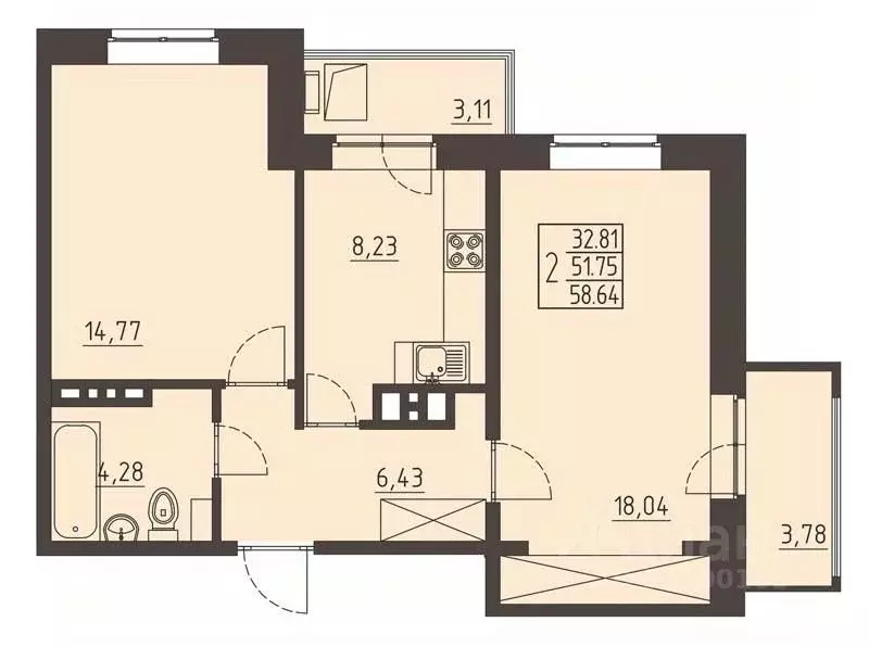 2-к кв. Иркутская область, Иркутск ул. Рылеева, 7 (59.2 м) - Фото 0