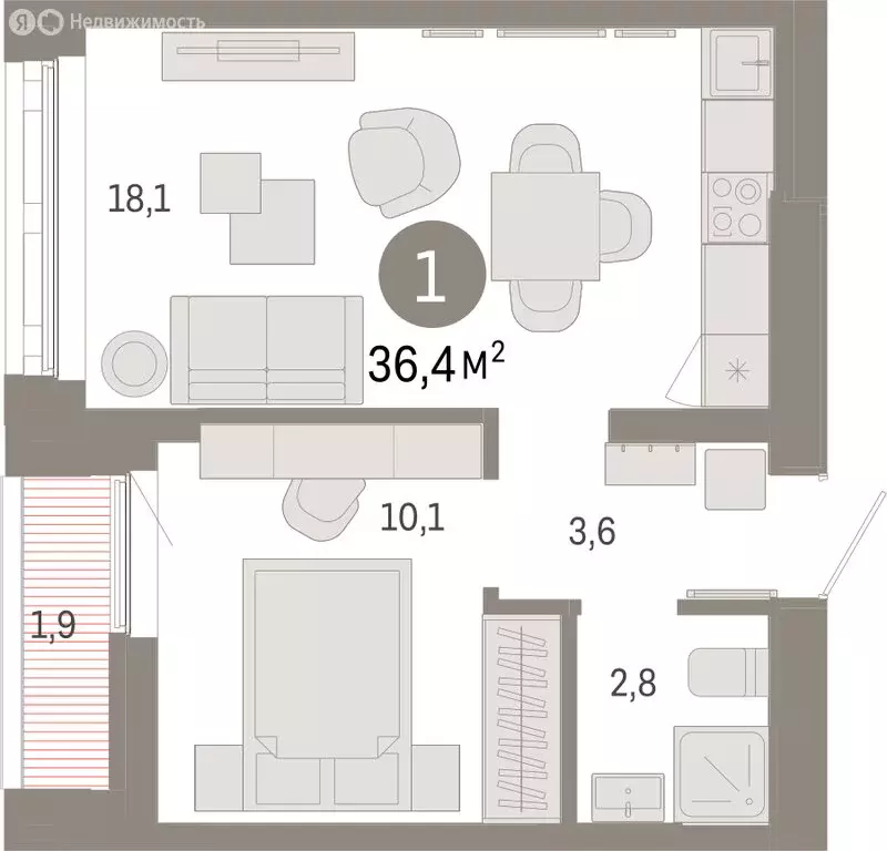 1-комнатная квартира: Екатеринбург, улица Гастелло, 19А (36.41 м) - Фото 1