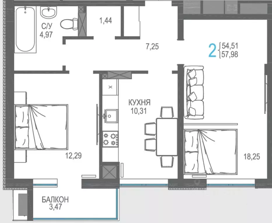 2-к кв. Крым, Симферопольский район, Гвардейское пгт ул. Курганная, ... - Фото 1