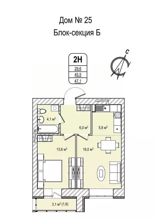 2-к кв. Кемеровская область, Кемерово просп. Восточный, 33 (47.9 м) - Фото 0