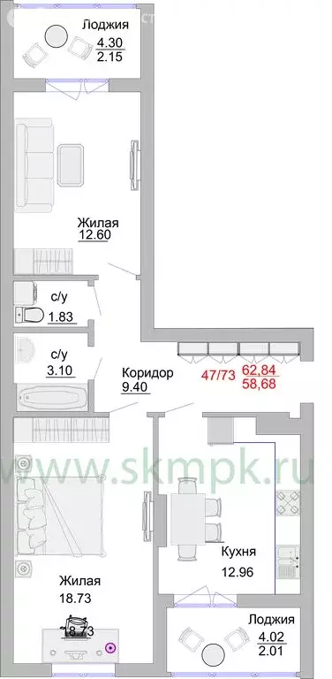 2-комнатная квартира: Пионерский, Портовая улица, 5 (68.8 м) - Фото 0