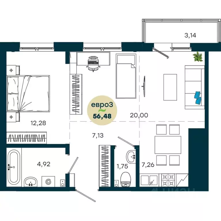 2-к кв. Иркутская область, Иркутск ул. Безбокова, 7А (56.48 м) - Фото 1