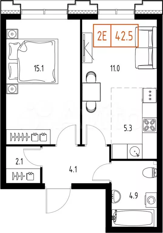 1-к. квартира, 42,5 м, 9/9 эт. - Фото 0