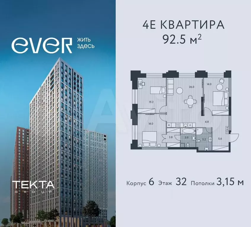 4-к. квартира, 92,5 м, 32/34 эт. - Фото 0