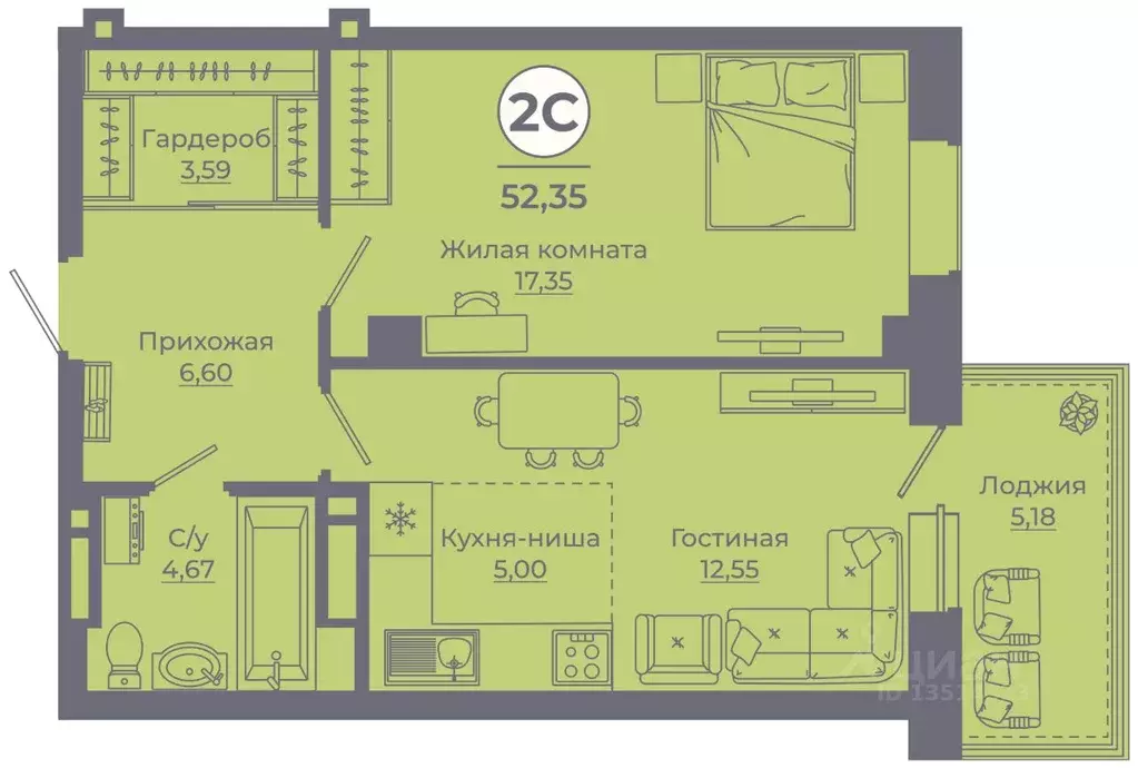 2-к кв. Ростовская область, Ростов-на-Дону ул. Еременко, 113 (52.1 м) - Фото 1