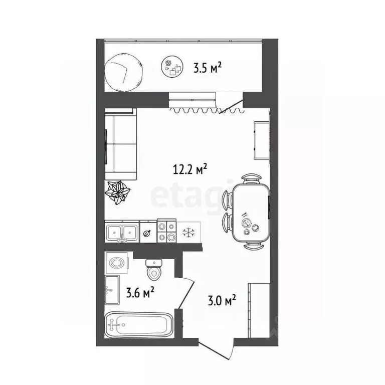 Студия Тюменская область, Тюмень ул. Новоселов, 109 (22.3 м) - Фото 1