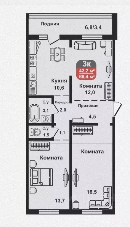 3-к кв. Курганская область, Курган ул. Дзержинского, 22 (68.4 м) - Фото 2