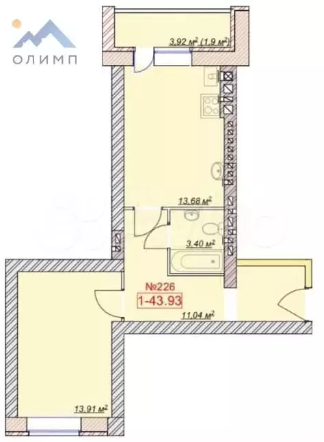 1-к. квартира, 41,4 м, 6/9 эт. - Фото 0