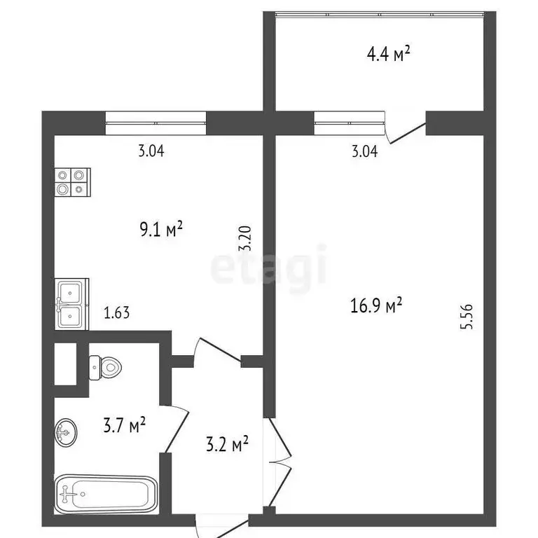 1-комнатная квартира: Тюмень, улица Николая Ростовцева, 6 (33 м) - Фото 1