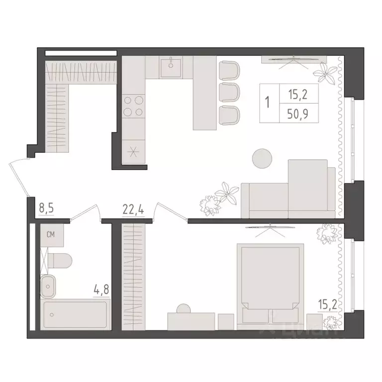 1-к кв. Башкортостан, Уфа 563-й кв-л,  (50.9 м) - Фото 1