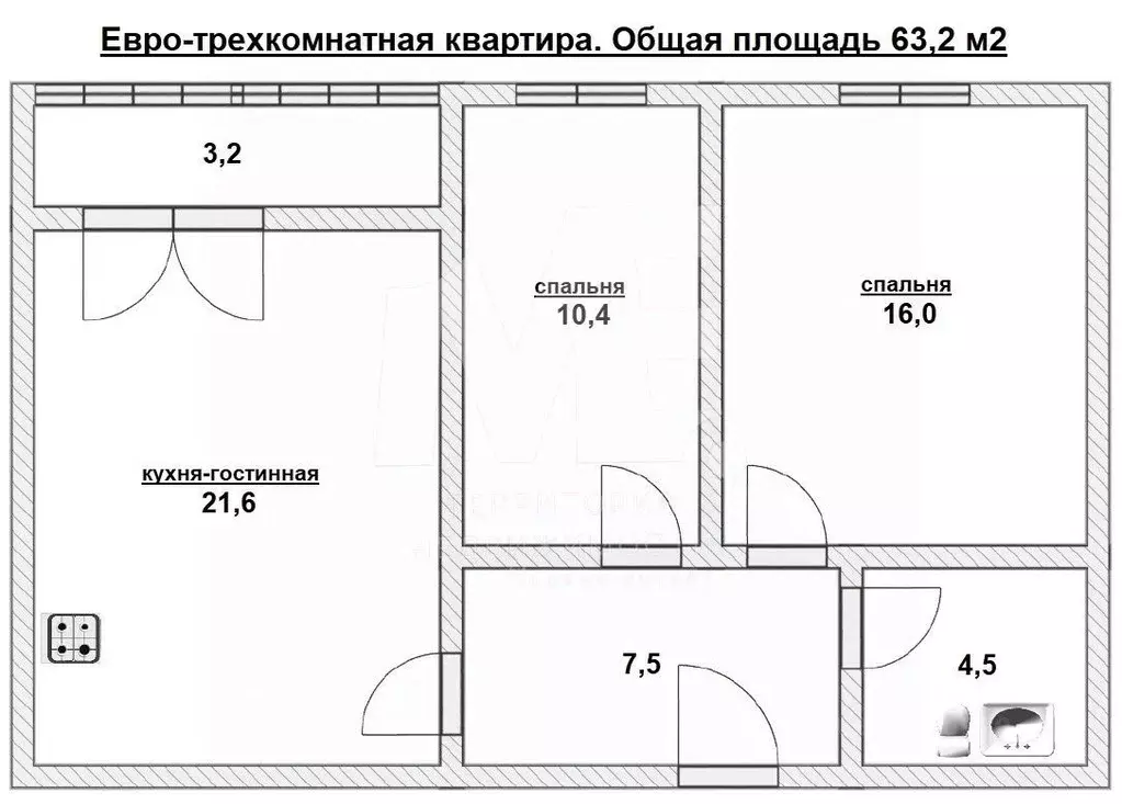 2-к кв. Калининградская область, Калининград ул. Поленова, 4к1 (63.2 ... - Фото 0