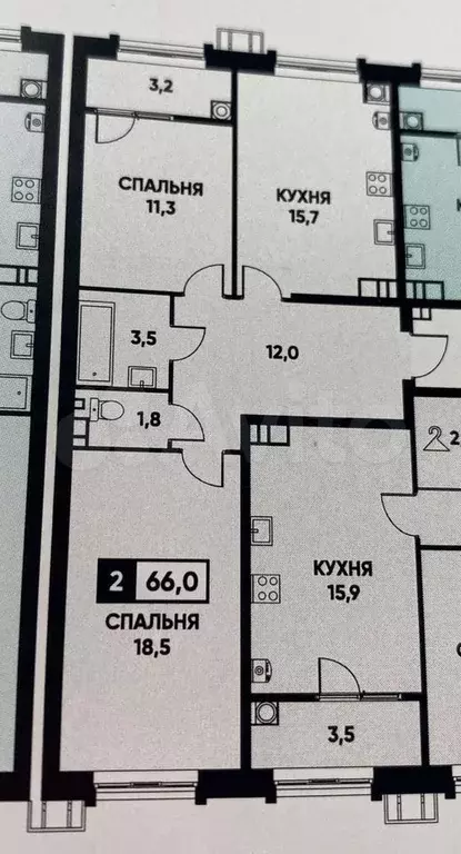 2-к. квартира, 66,5 м, 2/16 эт. - Фото 1