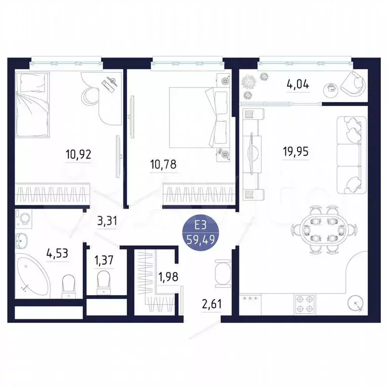 3-к. квартира, 60м, 15/25эт. - Фото 1