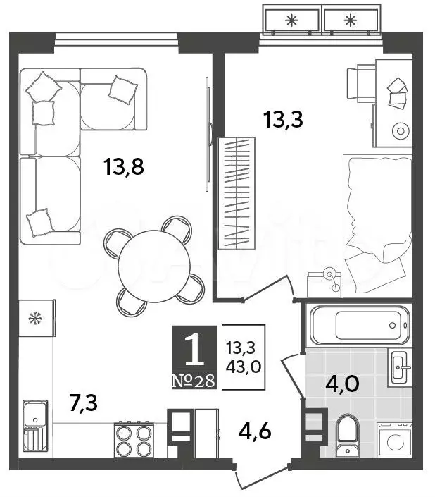 1-к. квартира, 43 м, 7/9 эт. - Фото 0