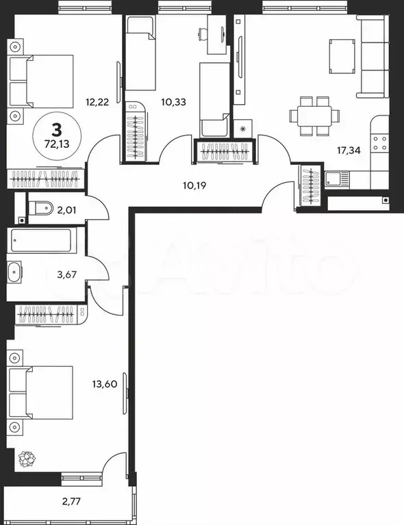 3-к. квартира, 72,1 м, 9/25 эт. - Фото 1