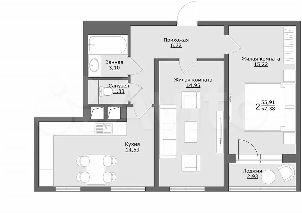 3-к. квартира, 57,4 м, 9/9 эт. - Фото 0