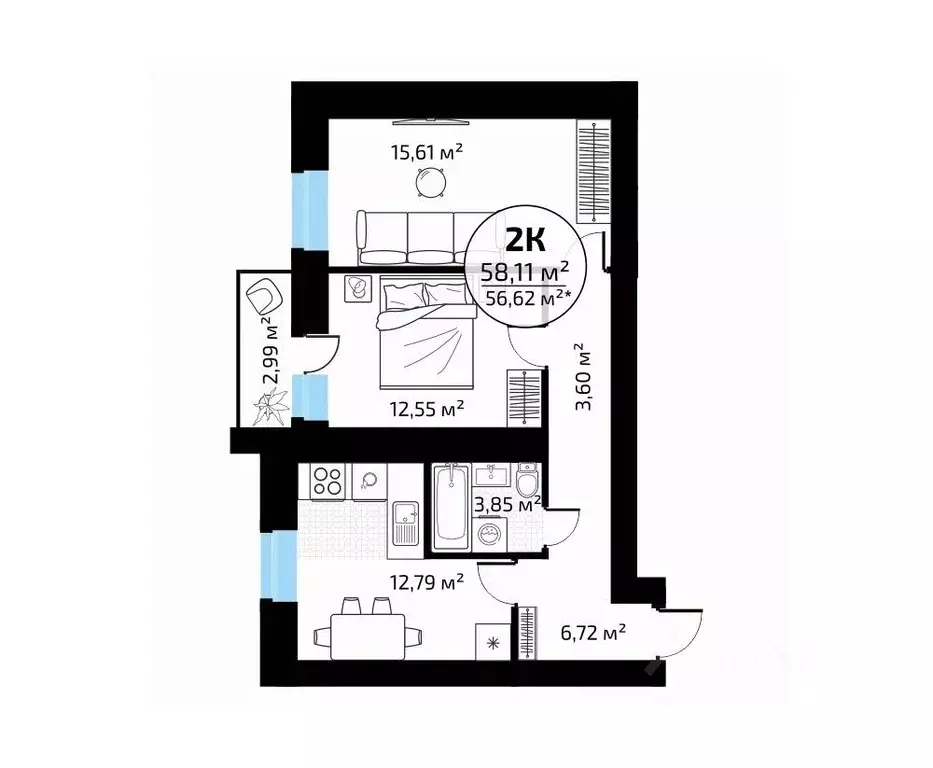 2-к кв. Самарская область, Самара пос. Мехзавод, 1-й кв-л, 50 (58.11 ... - Фото 1