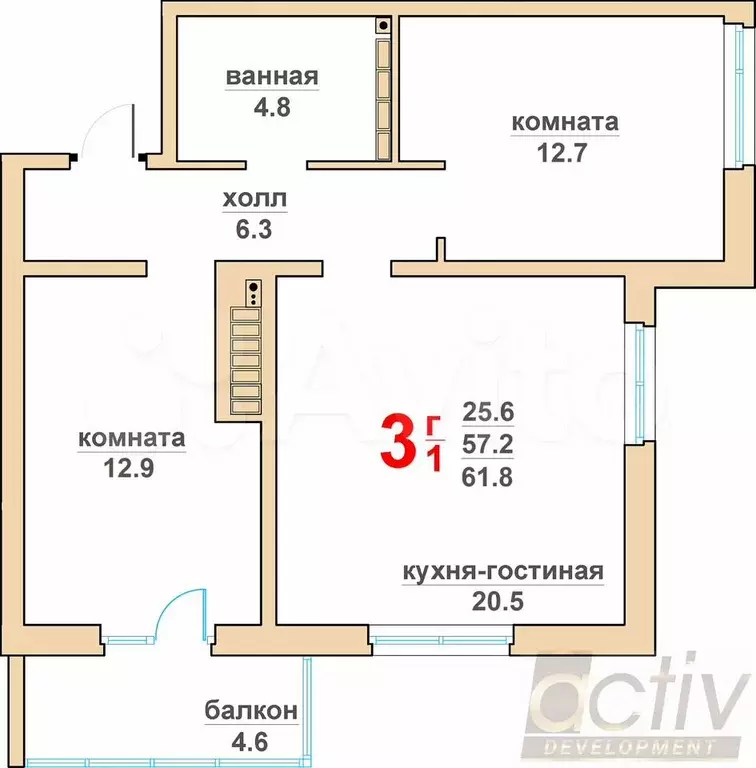 3-к. квартира, 61,8 м, 3/16 эт. - Фото 1