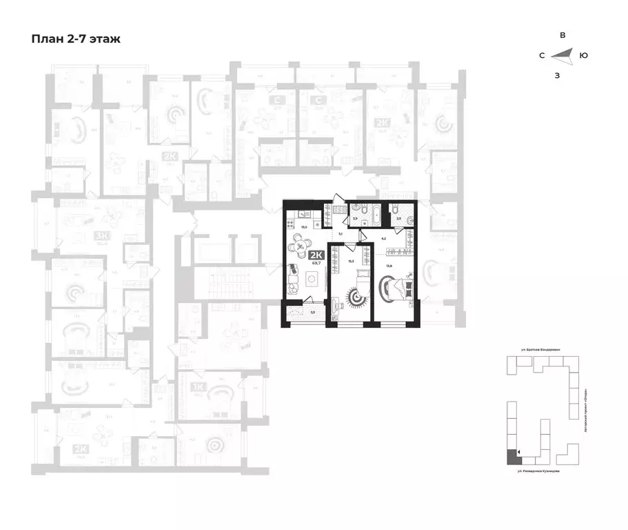 2-комнатная квартира: Тюмень, улица Разведчика Кузнецова, 16 (69.8 м) - Фото 2