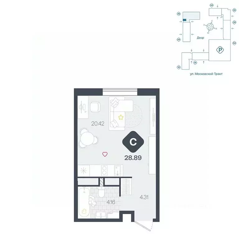 Студия Тюменская область, Тюмень Сибирский жилой комплекс (28.89 м) - Фото 0