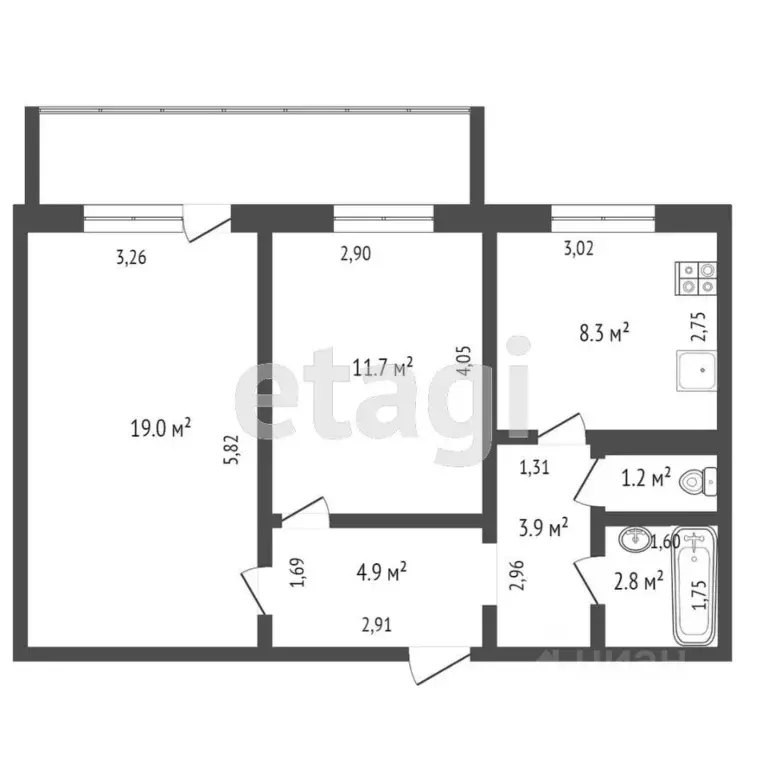 2-к кв. Тюменская область, Тюмень ул. Новоселов, 12к5 (52.2 м) - Фото 2