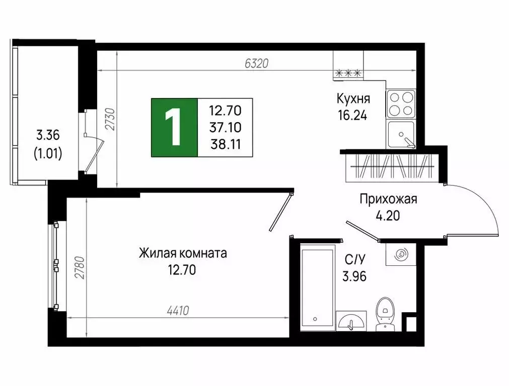 1-комнатная квартира: деревня Новосаратовка, ЖК Имена (38.11 м) - Фото 1