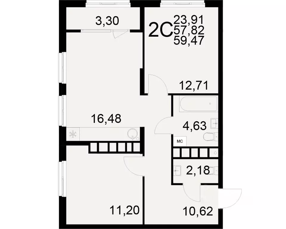 2-к кв. Рязанская область, Рязань ул. Бирюзова (57.82 м) - Фото 0