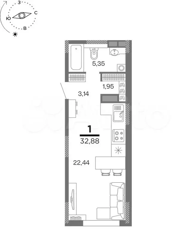 1-к. квартира, 32,9 м, 2/16 эт. - Фото 1