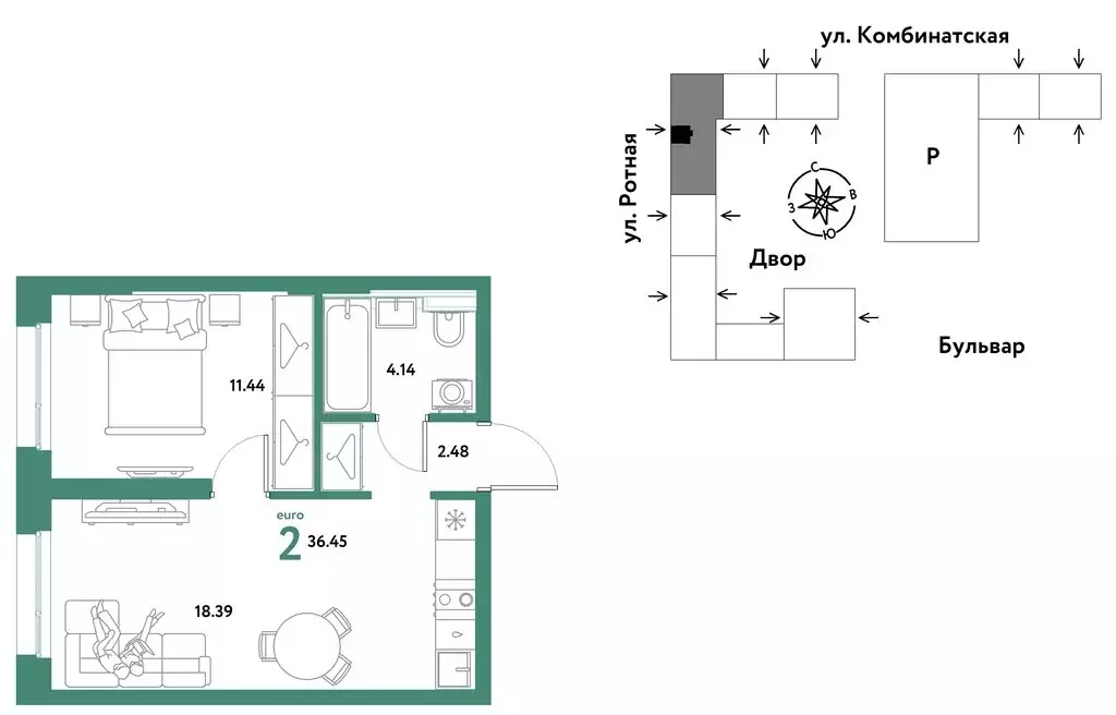 2-комнатная квартира: Екатеринбург, Ленинский район (36.45 м) - Фото 1
