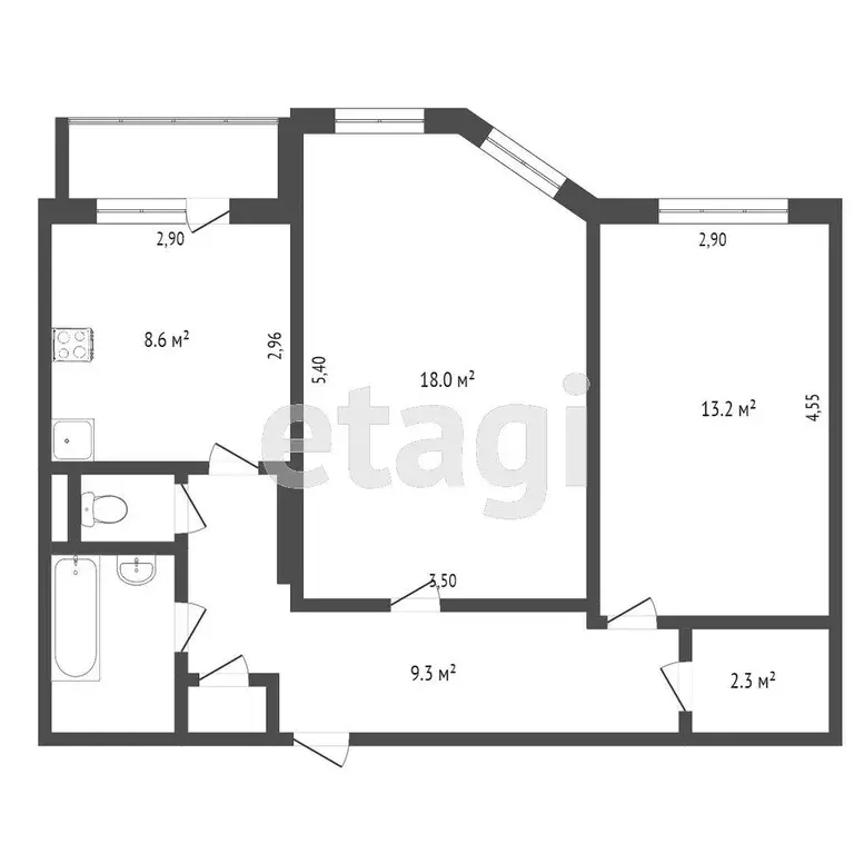 Квартира, 2 комнаты, 54.9 м - Фото 0