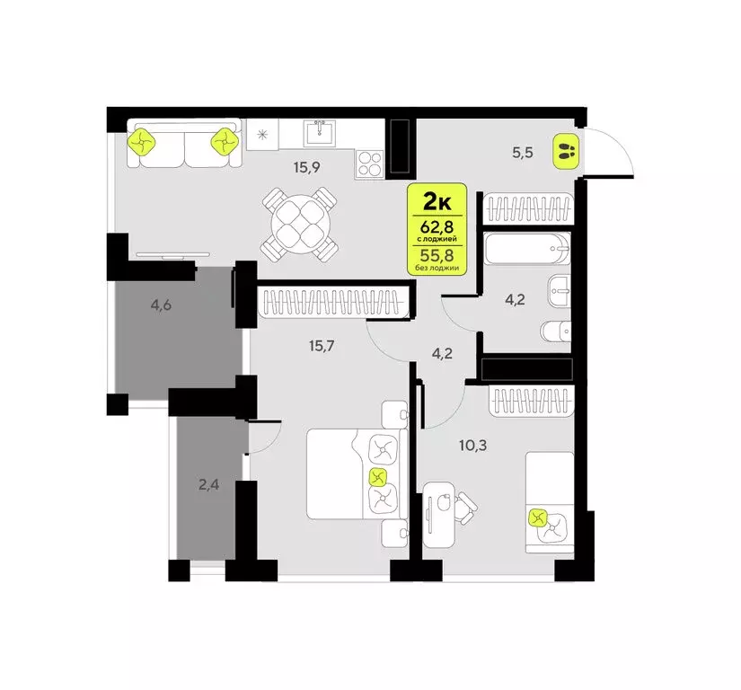 2-комнатная квартира: Тюмень, улица Андрея Приказнова, 1 (62.8 м) - Фото 1