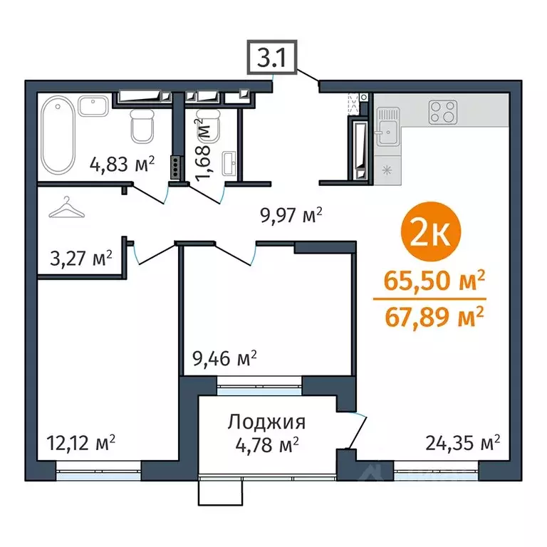 2-к кв. Тюменская область, Тюмень ул. Краснооктябрьская, 12 (65.5 м) - Фото 0