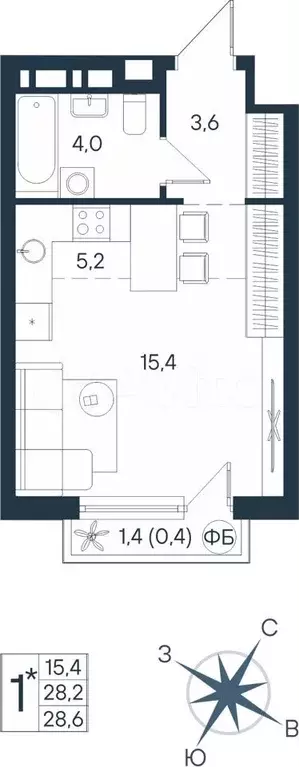 Квартира-студия, 28,6 м, 5/15 эт. - Фото 0