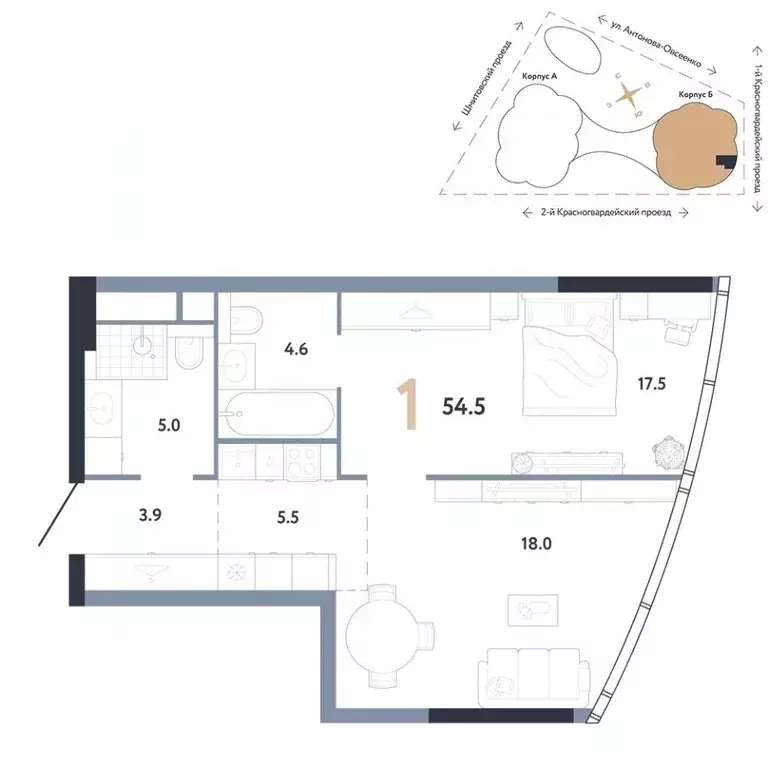 1-к кв. Москва Камушки мкр,  (54.5 м) - Фото 1