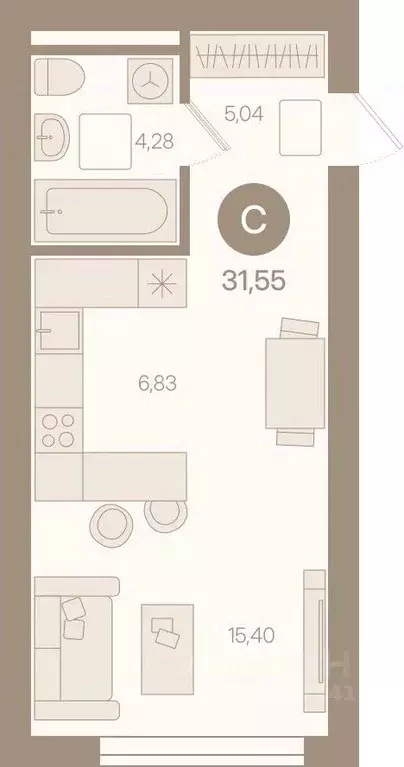Студия Ямало-Ненецкий АО, Ноябрьск И мкр,  (31.55 м) - Фото 0