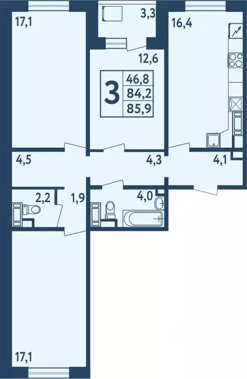 3-к кв. Башкортостан, Уфа ул. Мечтателей, 17 (85.7 м) - Фото 1
