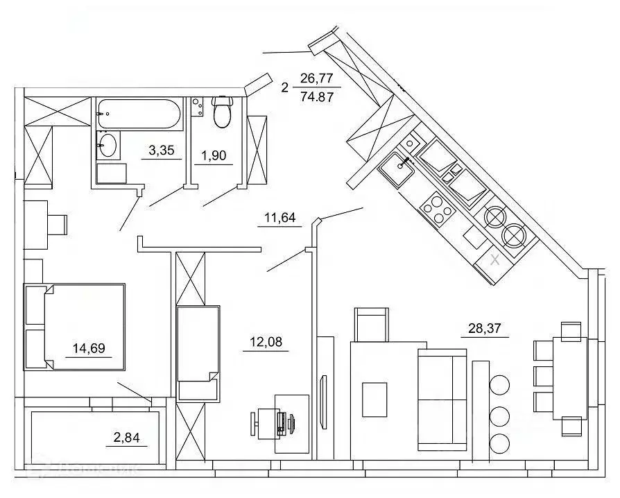2-к кв. Рязанская область, Рязань ул. Земнухова (74.87 м) - Фото 0