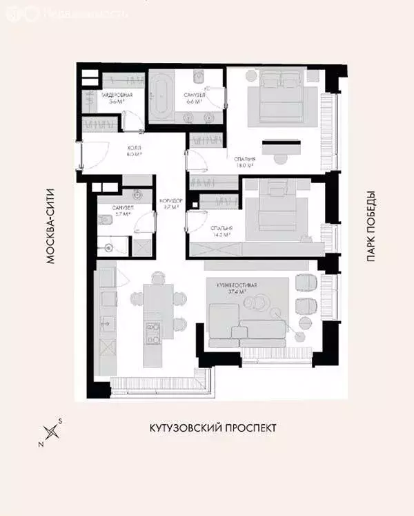 3-комнатная квартира: Москва, Поклонная улица, 9 (100.9 м) - Фото 0