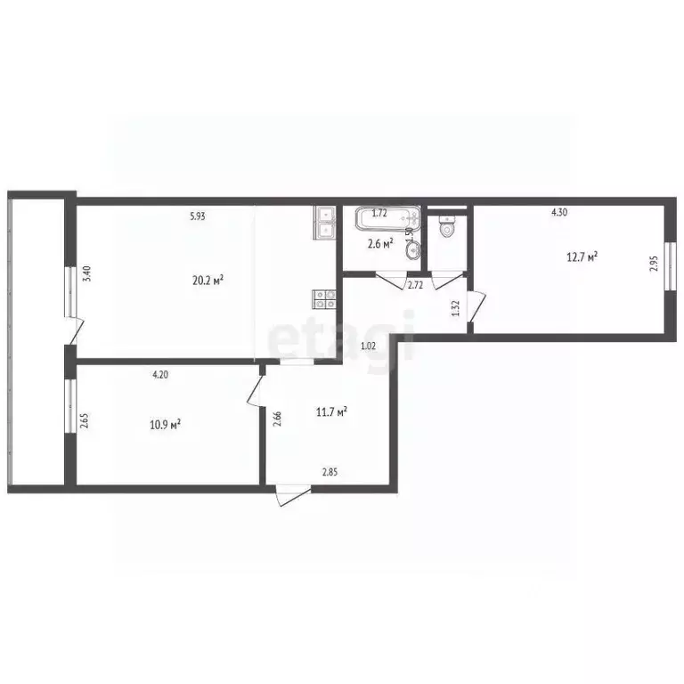 2-к кв. Кемеровская область, Кемерово ул. Дружбы, 17 (59.1 м) - Фото 1