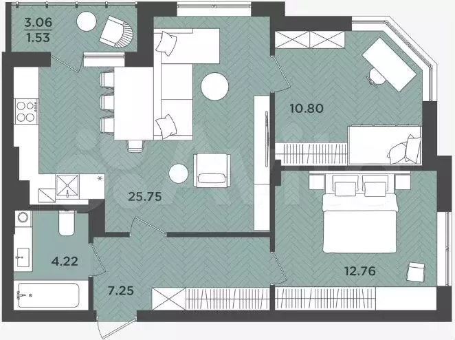 2-к. квартира, 62 м, 1/9 эт. - Фото 1