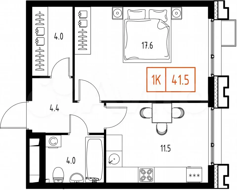 1-к. квартира, 41,5 м, 2/9 эт. - Фото 0
