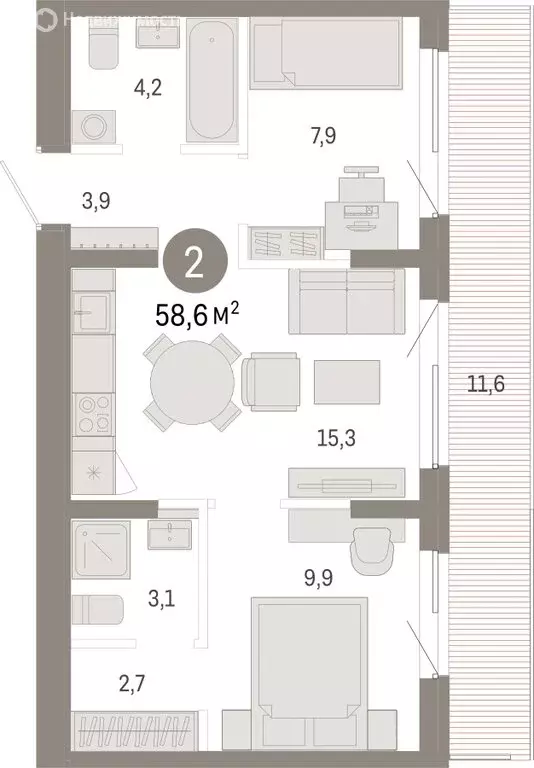 2-комнатная квартира: Омск, Кировский округ (58.56 м) - Фото 1