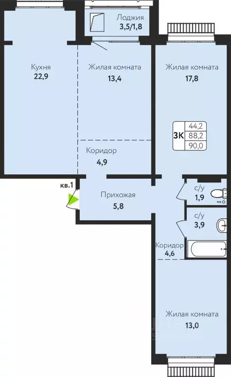 3-к кв. Алтайский край, Барнаул ул. Солнечная Поляна, 71 (90.0 м) - Фото 1