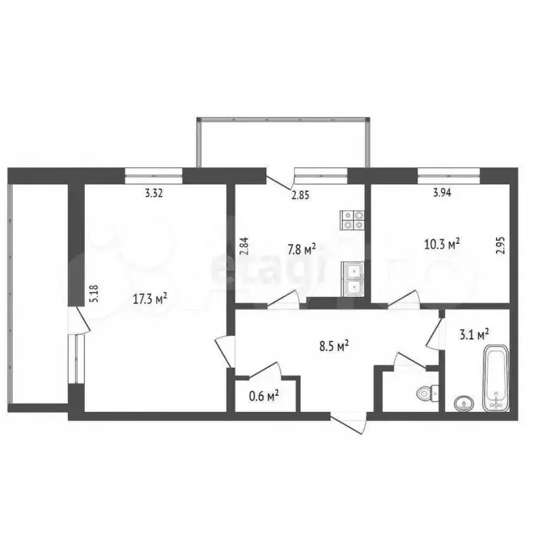2-к. квартира, 48,8 м, 3/5 эт. - Фото 0