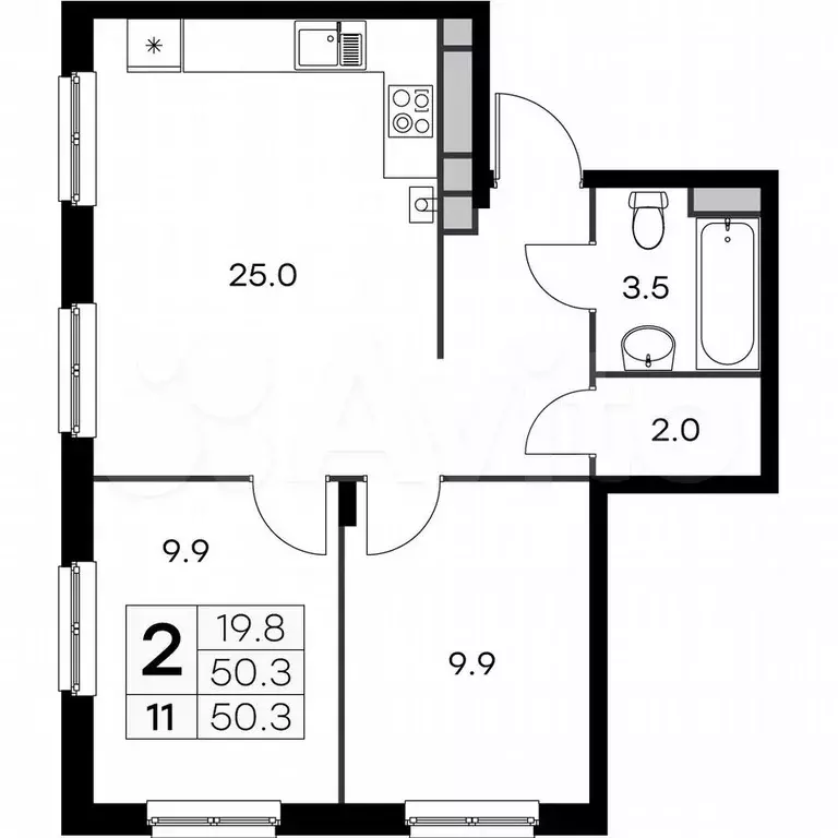 2-к. квартира, 50,3 м, 2/4 эт. - Фото 0